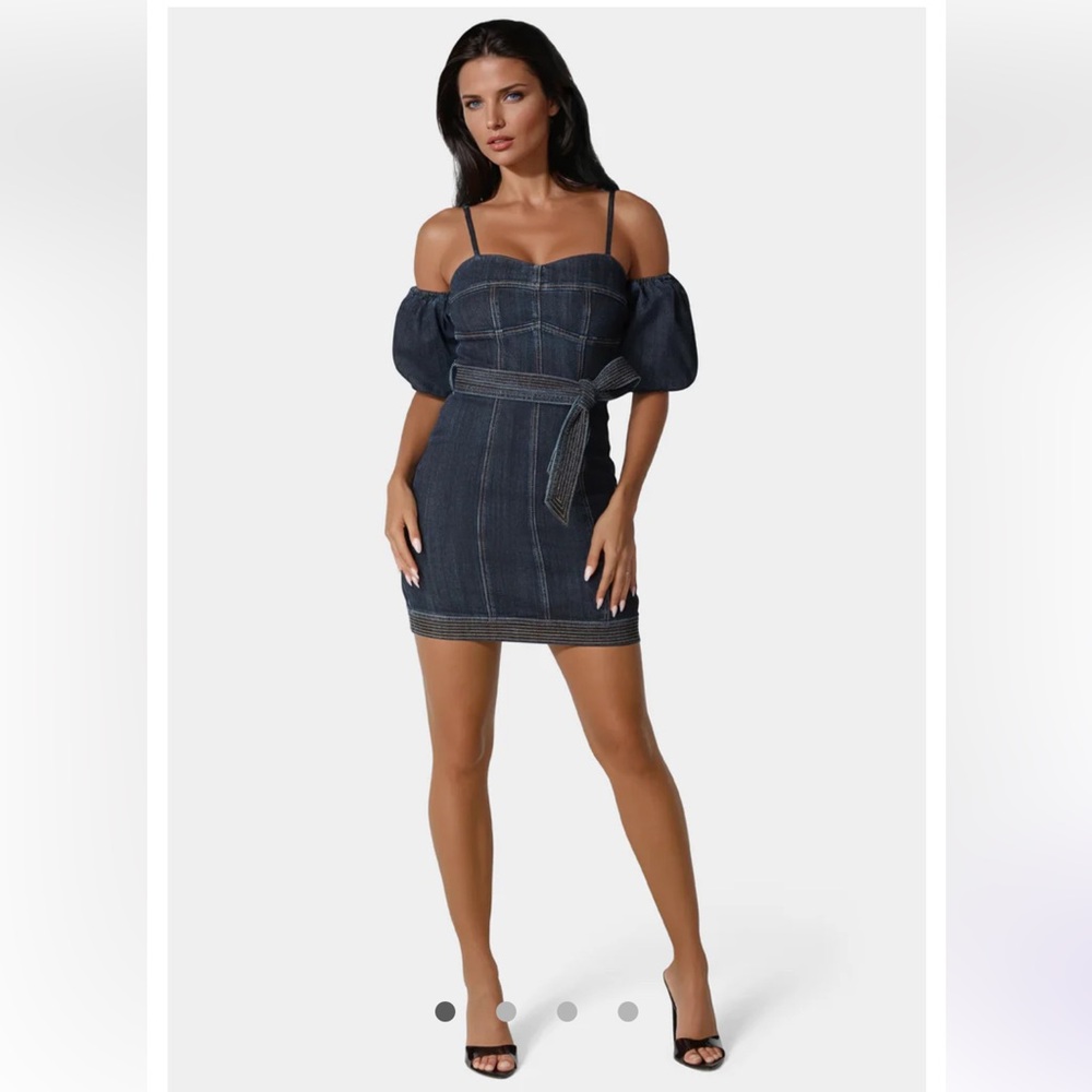 Bebe Fitted Denim Puff Sleeve Mini Dress | Size 4 | NWT $179 | Dark Indigo Wash